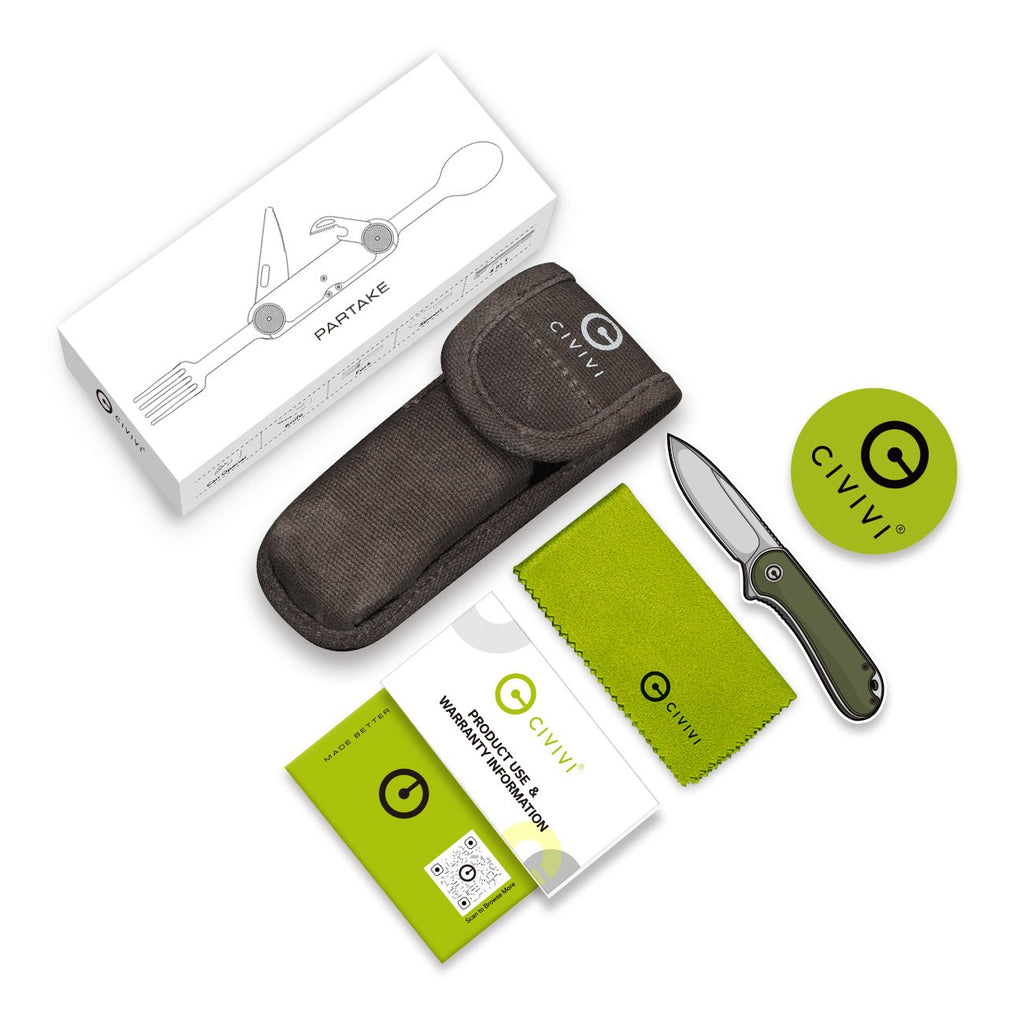 CIVIVI Partake 4-In-1 Multi-Tool Coyote Brown Aluminum Handle Stainless Steel Knife, Fork, Spoon & Can Opener C24032C-2, With A Waxed Canvas Pouch