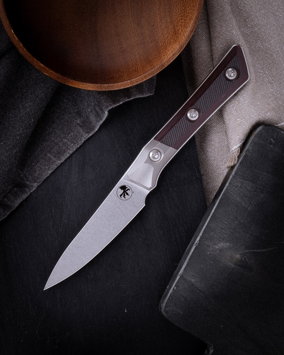 Microtech Gear Paring Knife Stonewash Standard Titanium Bolster Black Cherry G-10 (3500B-10BC)