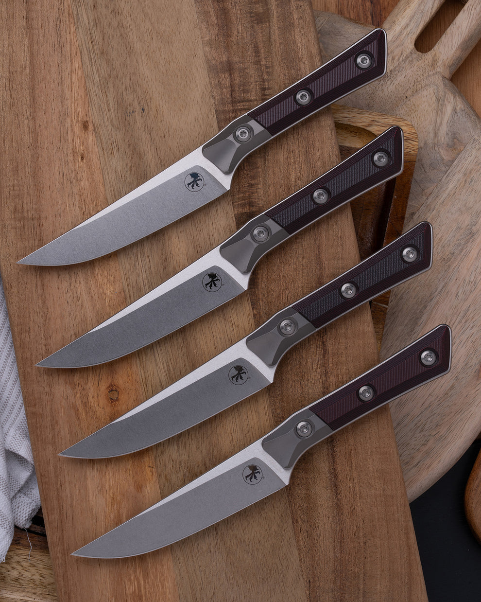 Microtech Gear Steak Knife Set (4) Stonewash Standard Titanium Bolster Black Cherry G-10 (3600B-10SETBC)