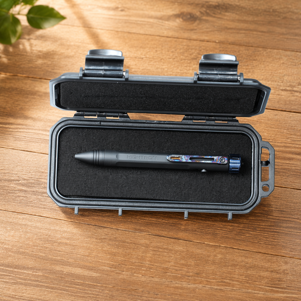 Hightron Vortron Titanium Pen, Black Coated Titanium with Zirconium Damascus Spinner & Clip