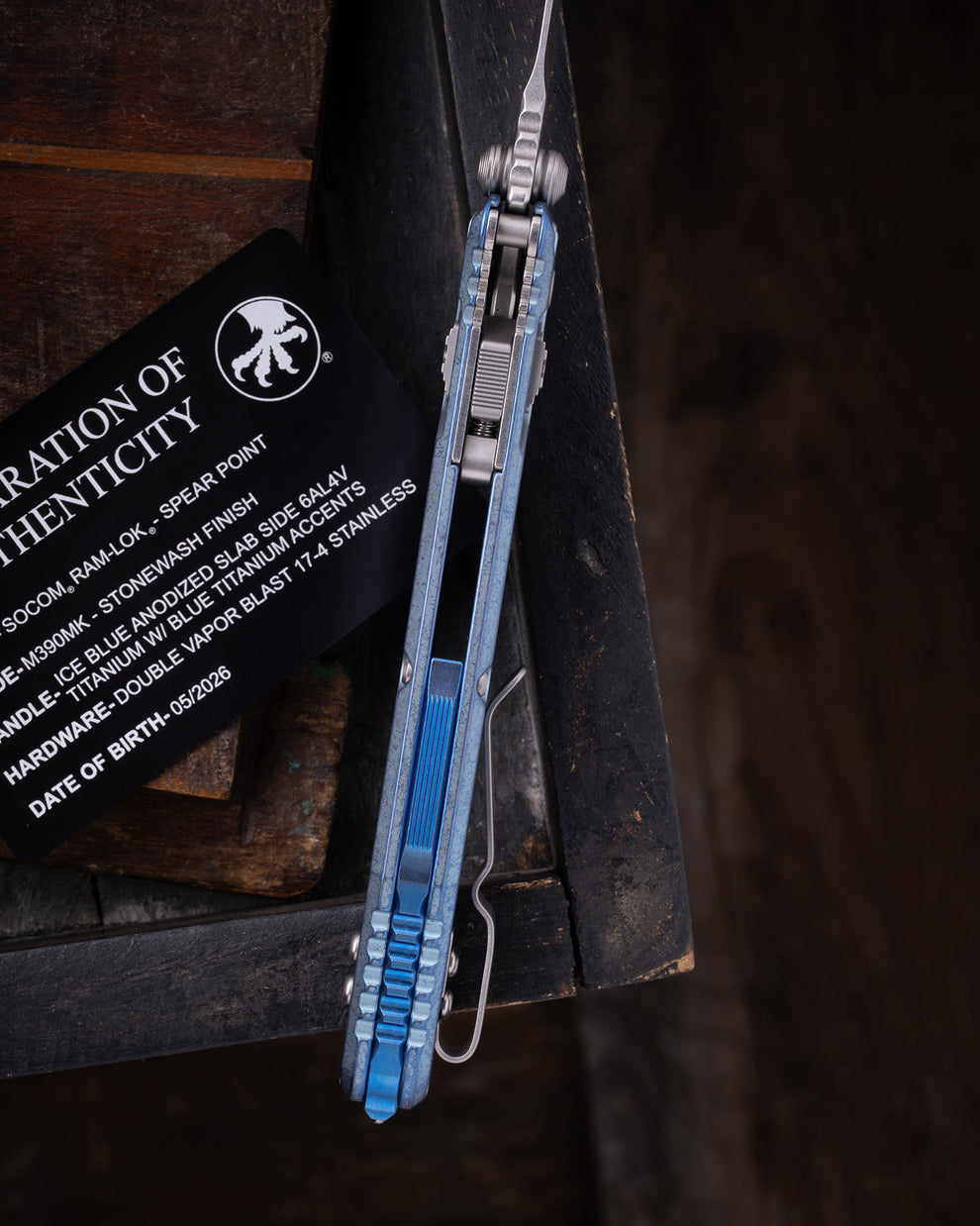 Microtech Gear SOCOM® RAM-LOK® SPEAR POINT MARFIONE SELECT STONEWASH FINISH ICE BLUE ANODIZED SLAB SIDE TITANIUM W/ BLUE TITANIUM ACCENTS DOUBLE VAPOR BLAST STAINLESS (160RLS-10SMS7)