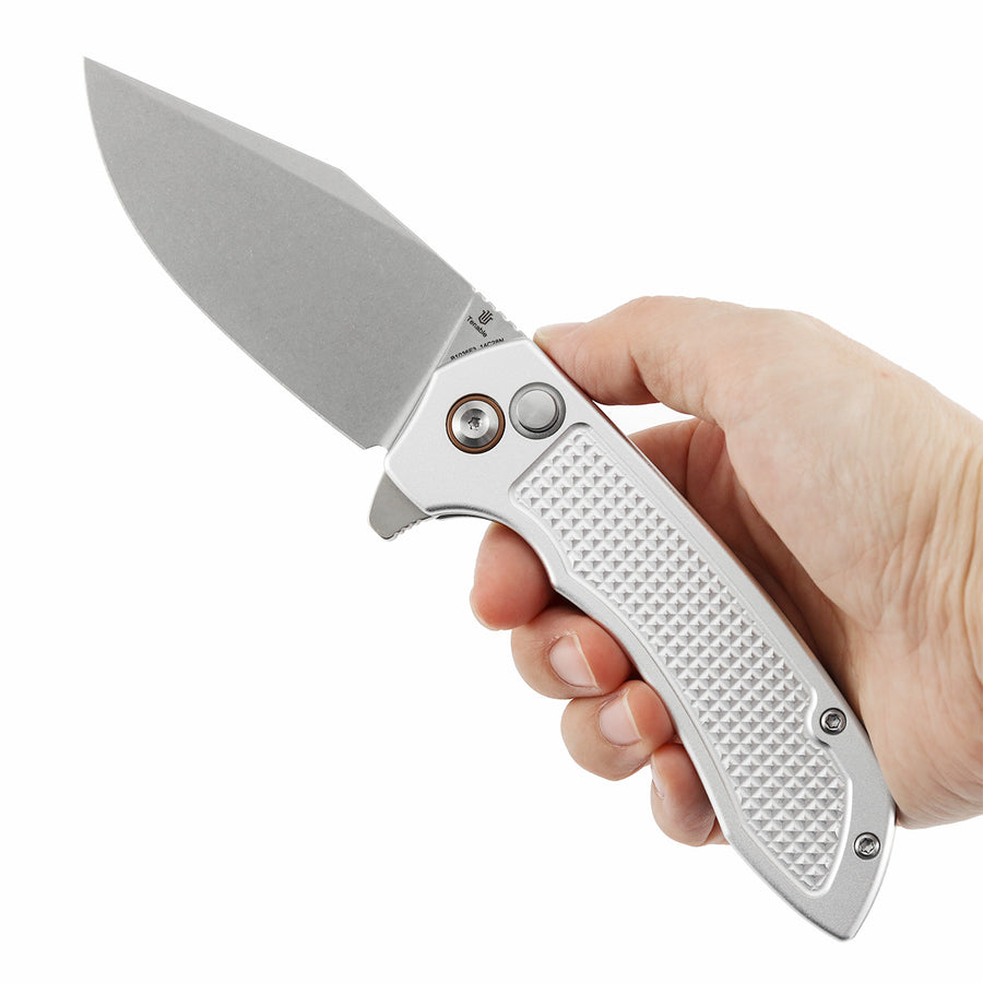 TENABLE KNIVES Entity Button Lock Folding Knife - 3.52'' Stonewashed 14C28N Blade| Silver Aluminum Handle| Nalu Knives - B1036F3