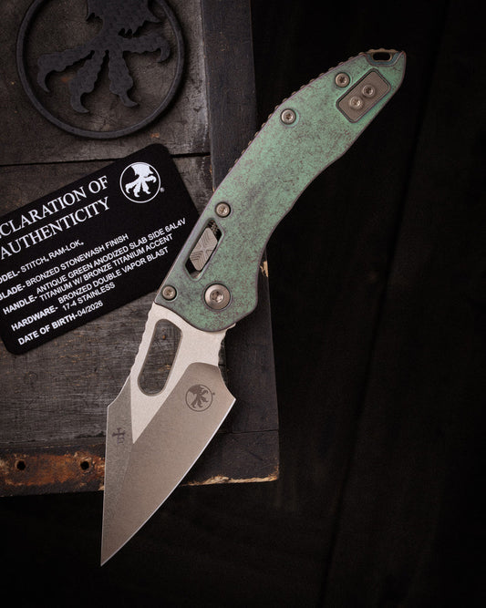 Microtech Gear Stitch RAM-LOK™ Marfione Select Bronzed Stonewash Finish Antique Green Anodized Slab Titanium W/Bronze Titanium Accent Double Vapor Blast Stainless (169RL-13MS1)