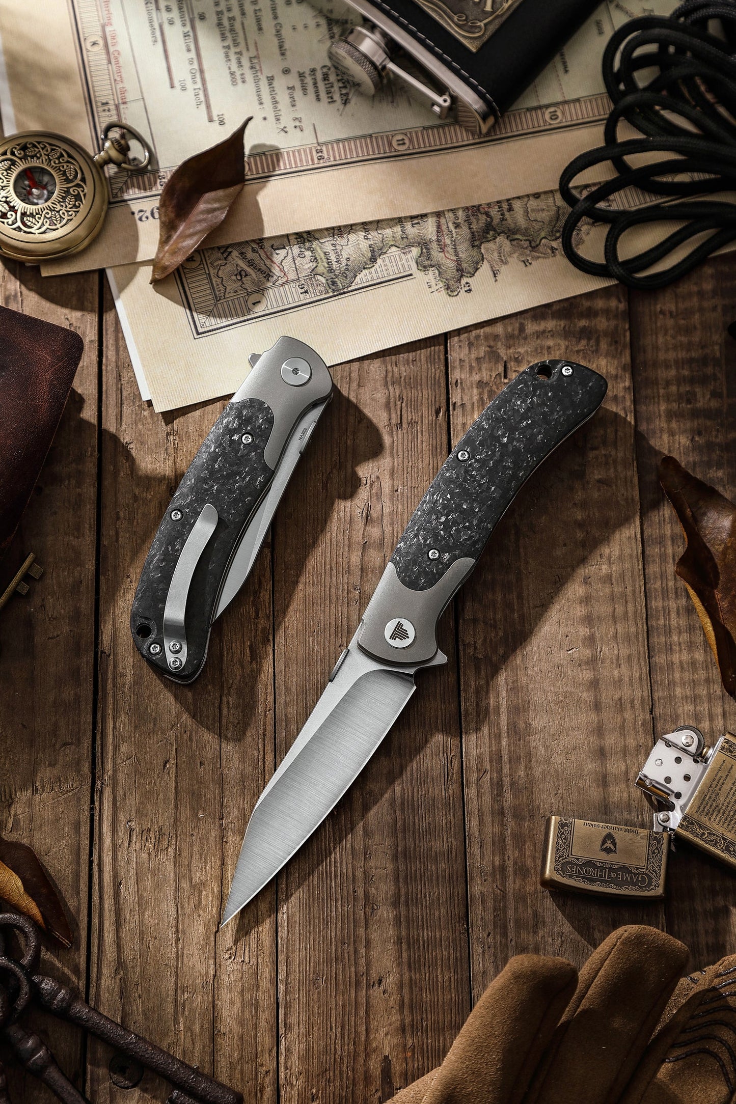 TRIVISA UMa-05 Ti Bolster and Thumb Stud,3.66" S35VN Steel,,Carbon Fiber Scales