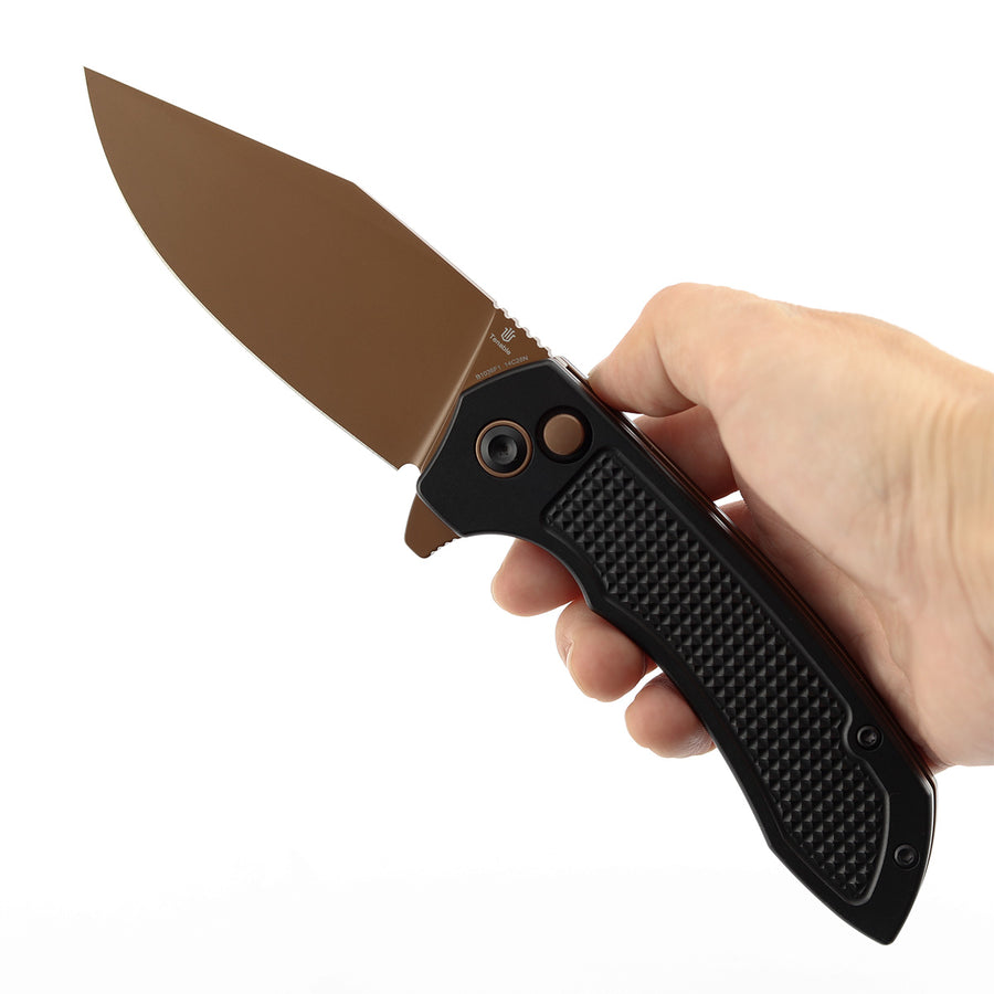 TENABLE KNIVES Entity Button Lock Folding Knife - 3.52'' Rose Gold 14C28N Blade| Black Aluminum Handle| Nalu Knives - B1036F1