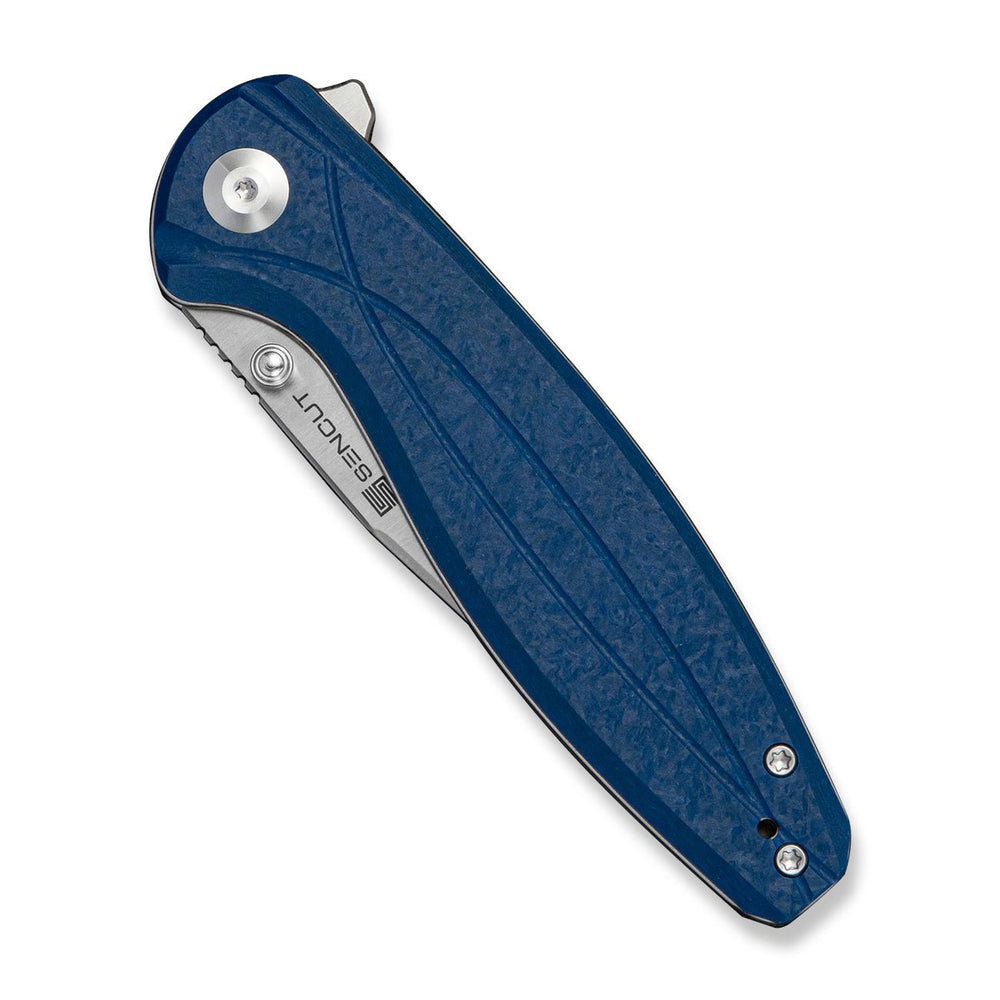 SENCUT Vyrce Flipper & Thumb Stud Knife Blue Shredded G10 Handle (3.49" Satin Finished D2 Blade) S25104-2
