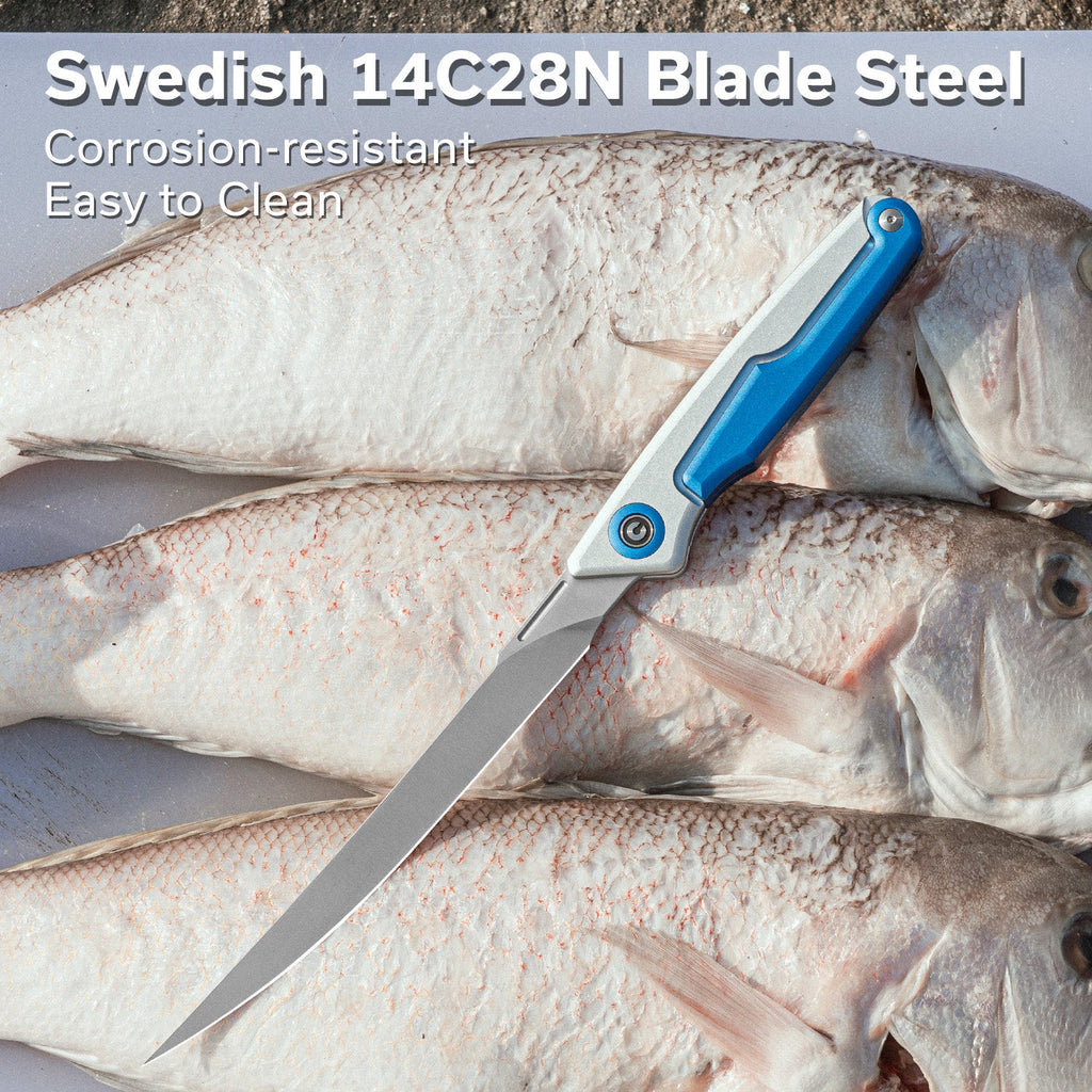 CIVIVI Shawka Folding Fillet Knife Aluminum Handle (5.81" 14C28N Blade) C22029B-2, With 1PC Black Nylon Sheath