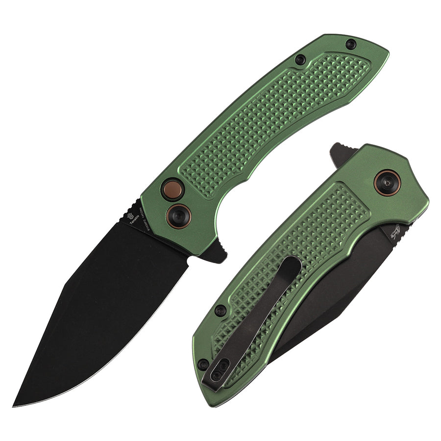 TENABLE KNIVES Entity Button Lock Folding Knife - 3.52'' Blackwash 14C28N Blade | Dark Green Aluminum Handle| Nalu Knives - B1036F2