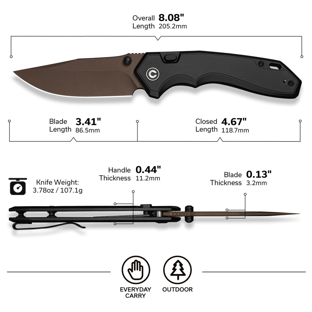 CIVIVI ELITE Brova Thumb Stud & Top Liner Lock Knife Black Aluminum Handle (3.41" Dark Brown Stonewashed CPM S35VN Blade) CE25093-2