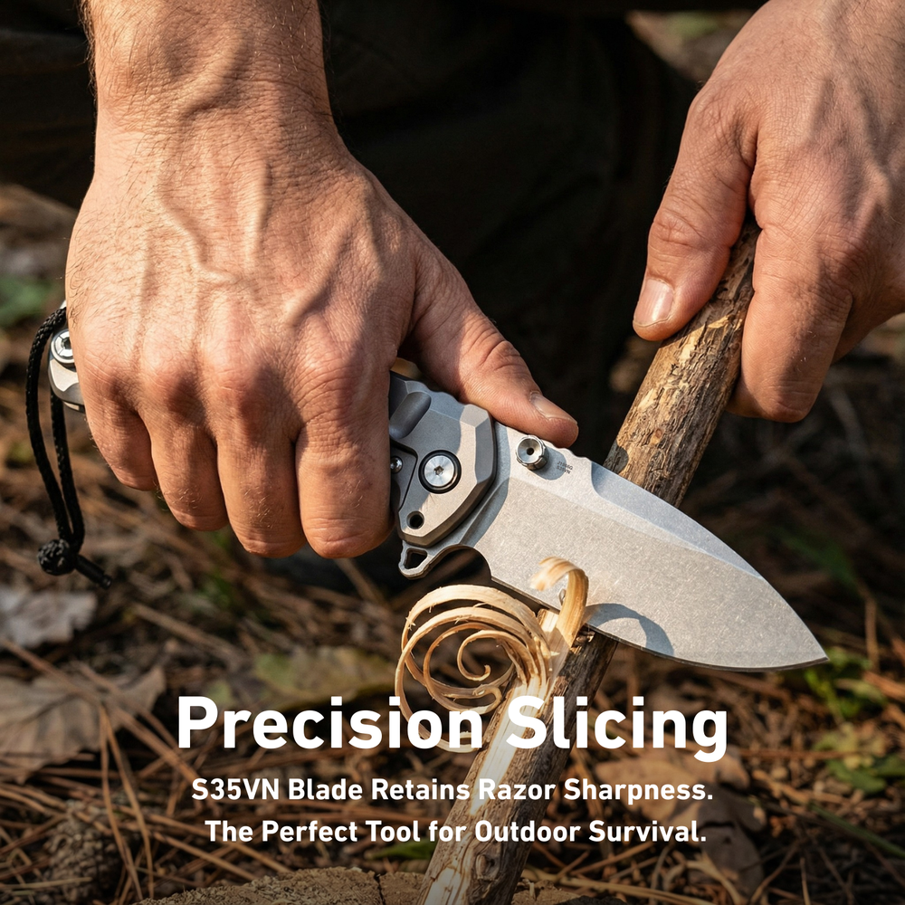 CJRB Tundra Flipper &Thumb Stud & Locking Pin & Frame Lock Tatical Knife Titanium Handle (3.78'' Stone Wash CPM S35VN Blade) J1966G-GY (Limited Edition)