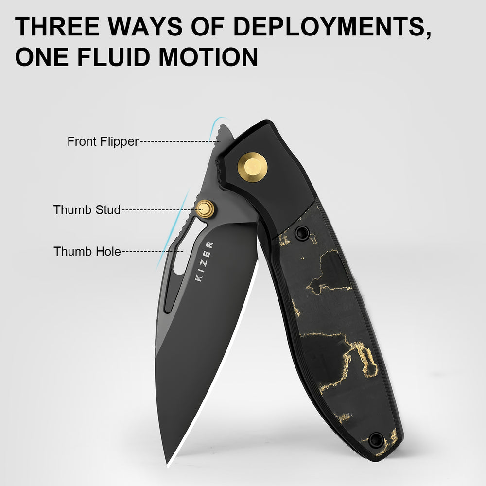 KIZER CUTLERY Shrike | S45VN | Titanium & Fat Carbon Camo Gold | Matte DLC Ultra | Front Flipper | Ki3746A2