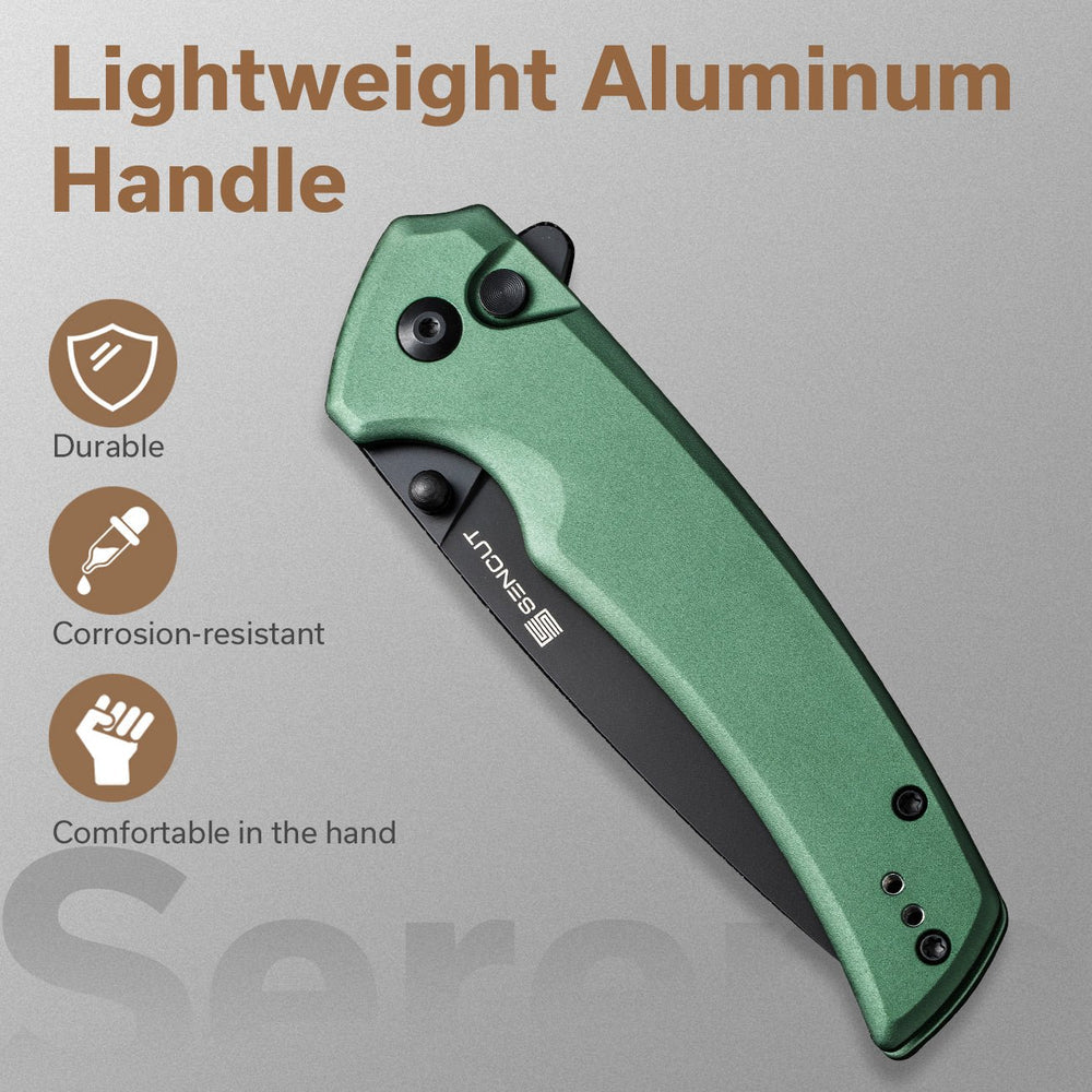 SENCUT Serene Flipper & Button Lock & Thumb Stud Knife Aluminum Handle (3.48" D2 Blade) S21022B-5