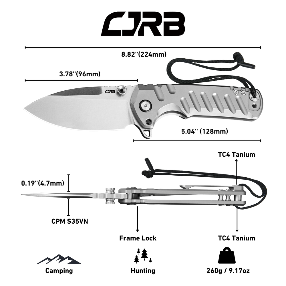 CJRB Tundra Flipper &Thumb Stud & Locking Pin & Frame Lock Tatical Knife Titanium Handle (3.78'' Stone Wash CPM S35VN Blade) J1966G-GY (Limited Edition)