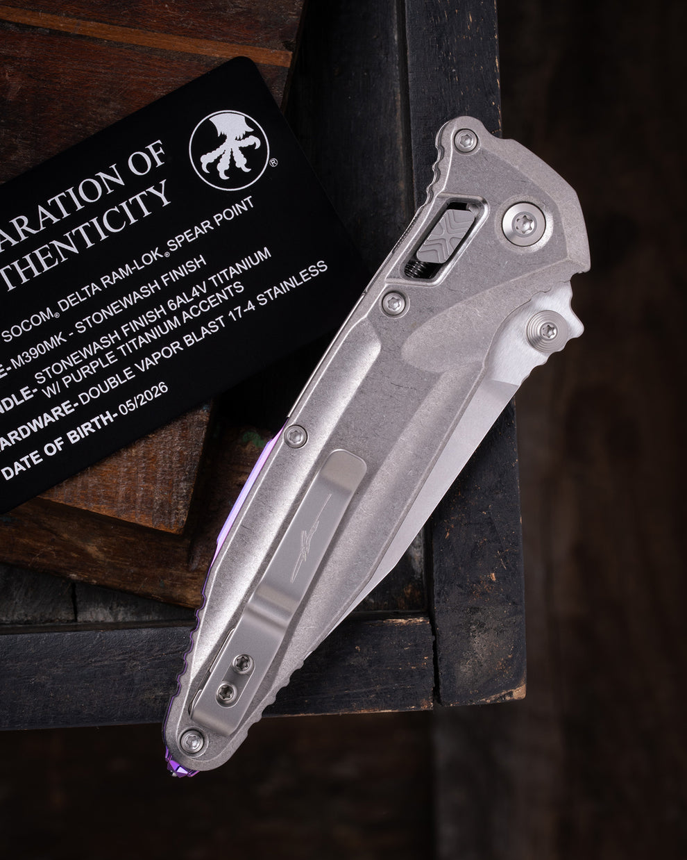 Microtech Gear SOCOM® DELTA RAM-LOK® SPEAR POINT MARFIONE SELECT STONEWASH FINISH STONEWASH FINISH TITANIUM W/ PURPLE TITANIUM ACCENTS DOUBLE VAPOR BLAST STAINLESS (159RL-10SMS4)