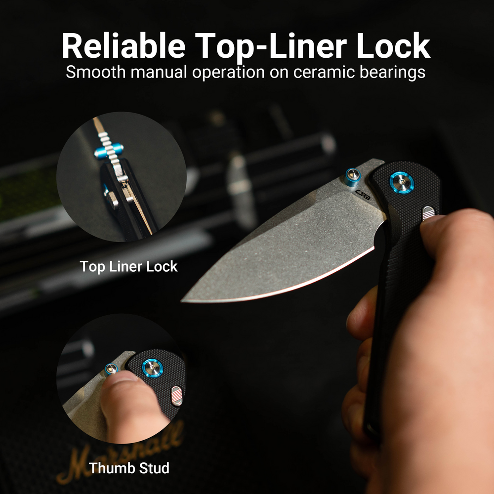 CJRB Latitude Thumb Stud & Top Liner Lock EDC Knife Black G10 Handle(3.47'' AR-RPM9 Steel Stone Wash Blade) J1975-BK