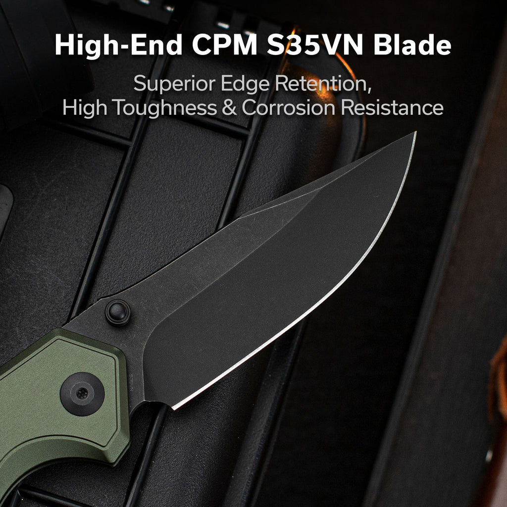 CIVIVI ELITE Brova Thumb Stud & Top Liner Lock Knife Forest Green Aluminum Handle (3.41" Black Stonewashed CPM S35VN Blade) CE25093-3