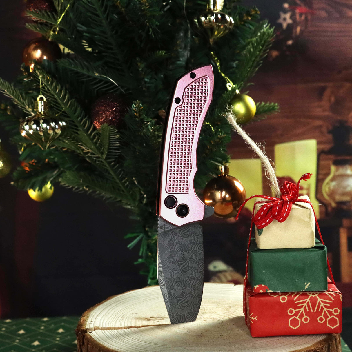 TENABLE KNIVES Entity Button Lock Flipper Knife - 3.52'' Water Ripple Damascus Blade| Rose Gold Aluminum Handle| Nalu Knives - B1036F4