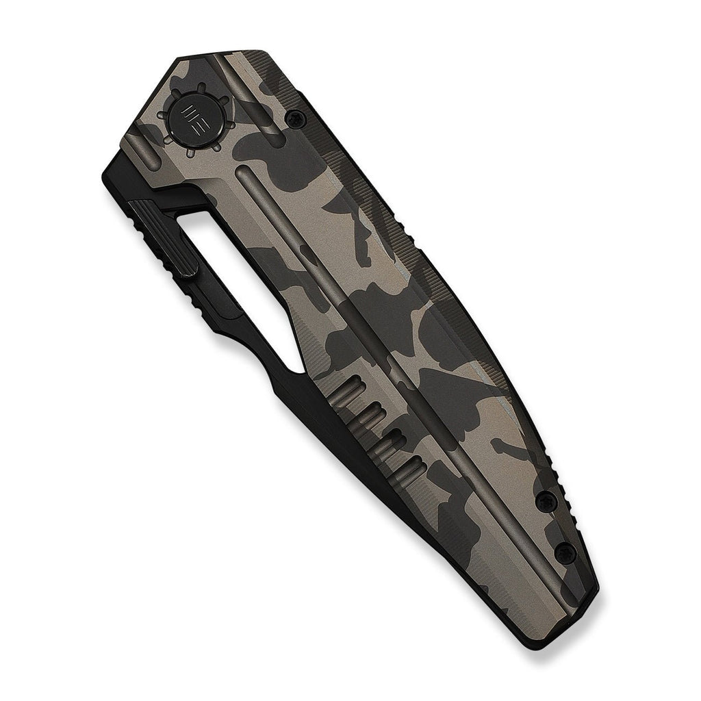 WEKNIFE Reveille Thumb Hole & Thumb Stud Knife Desert Terrain Titanium Handle (3.83" Black Stonewashed Bevels, Black Brushed Flats Bohler M390 Blade) WE23057-3