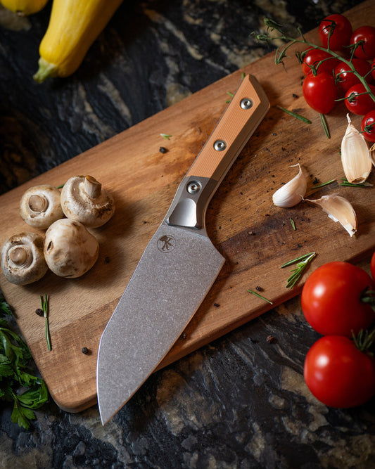 Microtech Gear Santoku 6" Knife Stonewash Standard Titanium Bolster Ember G-10 (3200B-10EM)
