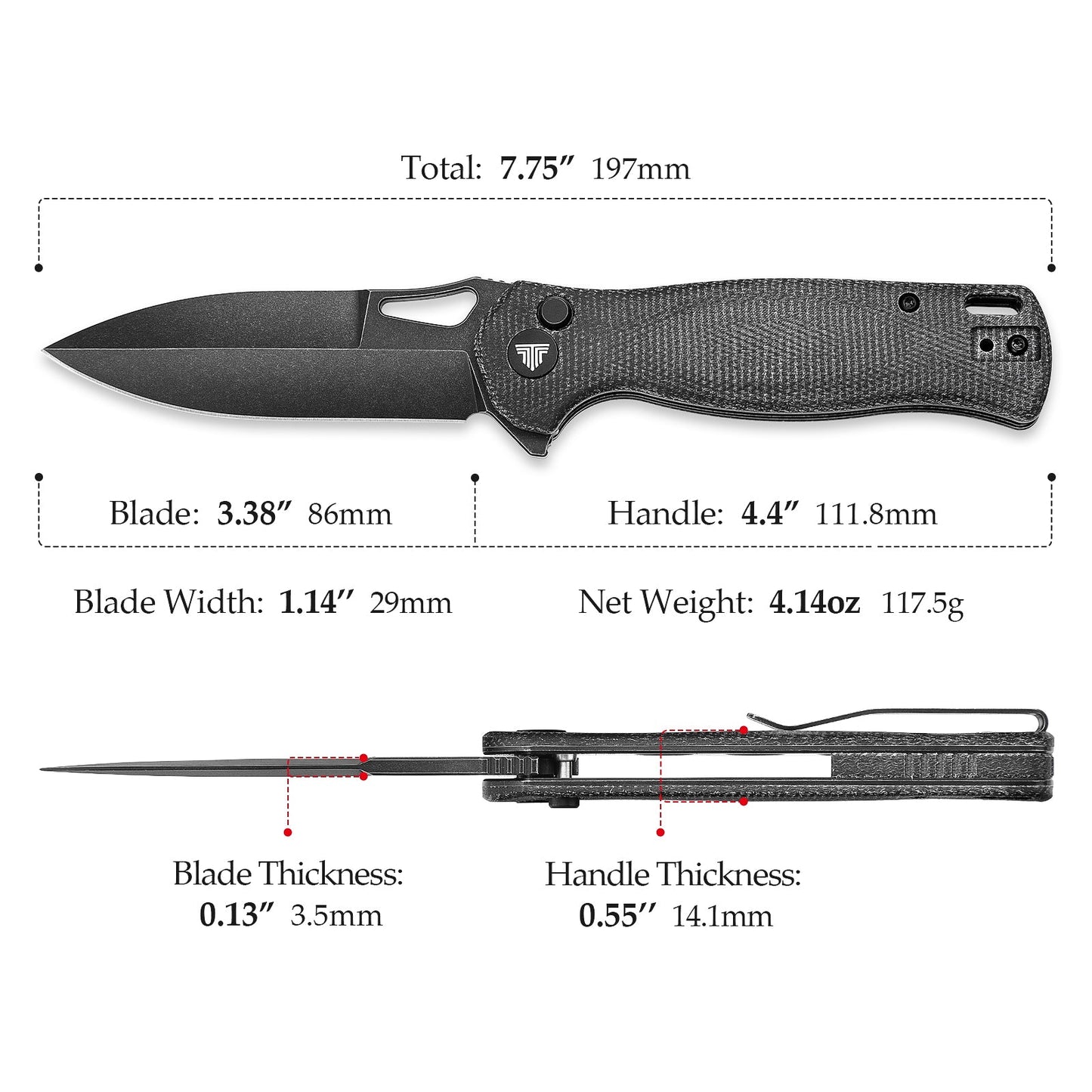 TRIVISA Crateris-04B Button Lock Folding Pocket Knife,3.38" 14C28N Steel,Micarta Handle