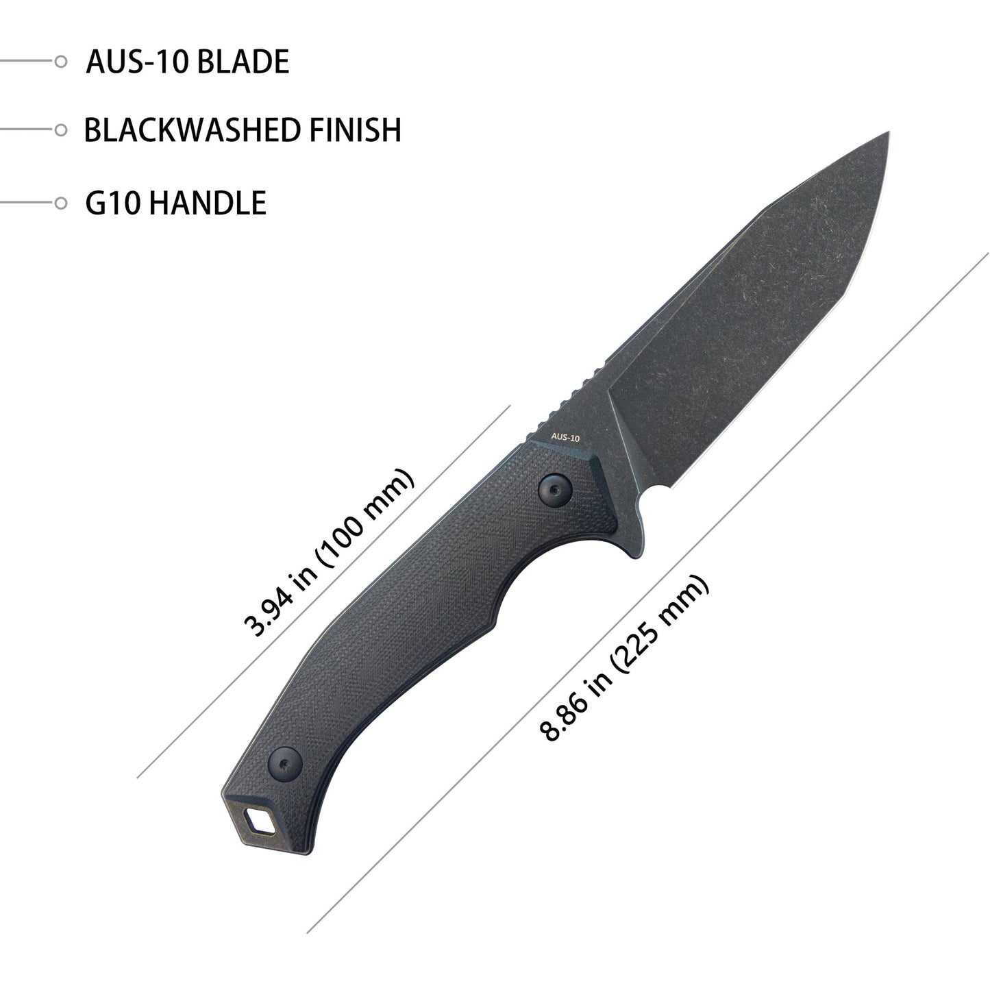 KUBEY Swordfish Outdoor Fixed Blade Knife Black G10 Handle 4.1" Blackwash AUS-10 KU184F
