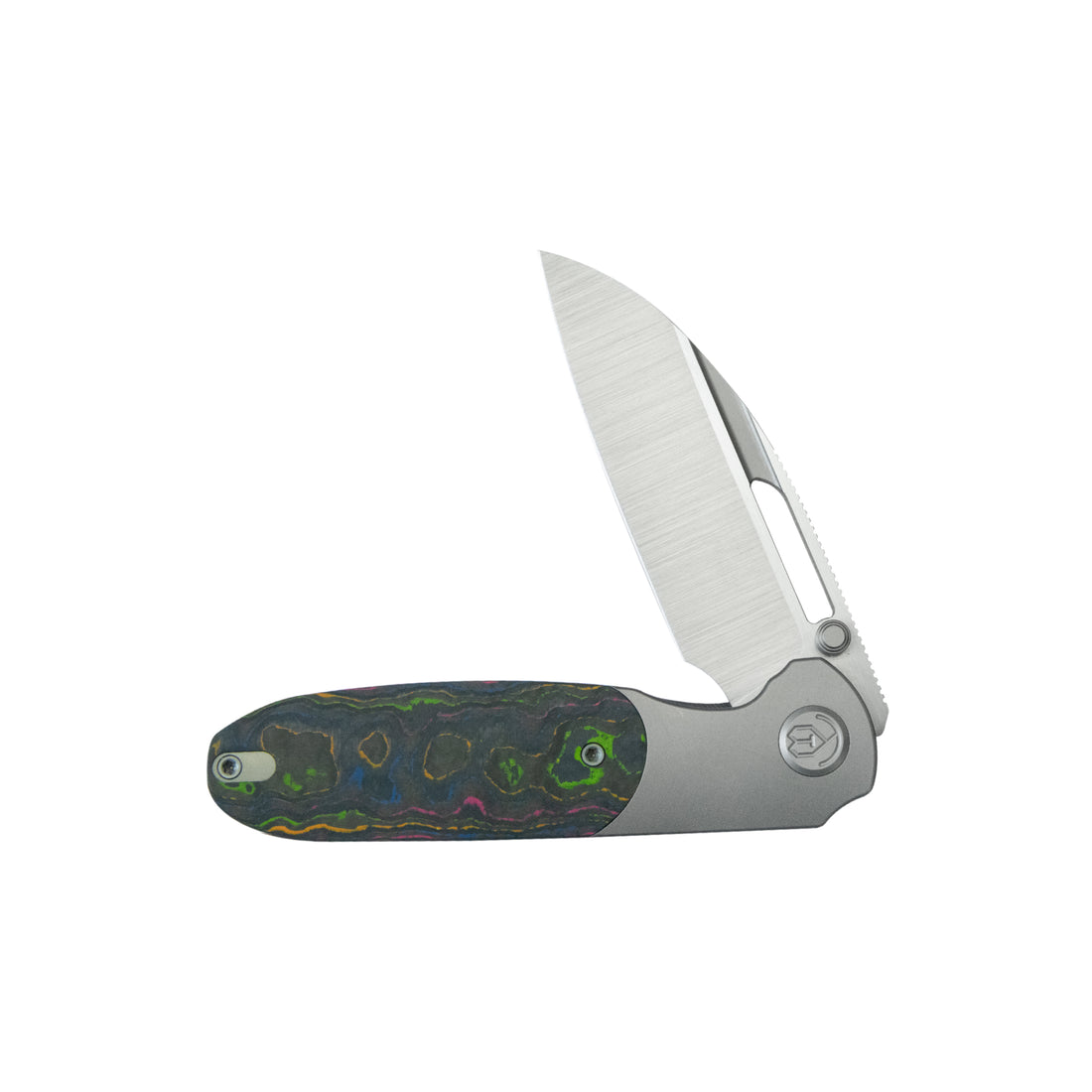 KB Icicle Pocket Folding Knife Frame Lock Sandblast Titanium with 80's Camo Carbon Inlays 3.50" Belt Satin Elmax Blade KB432A