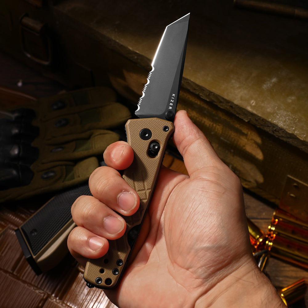 KIZER CUTLERY Aegis T | Serrated AEB-L Blade | G10 | Rescue Hook & Glass Breaker