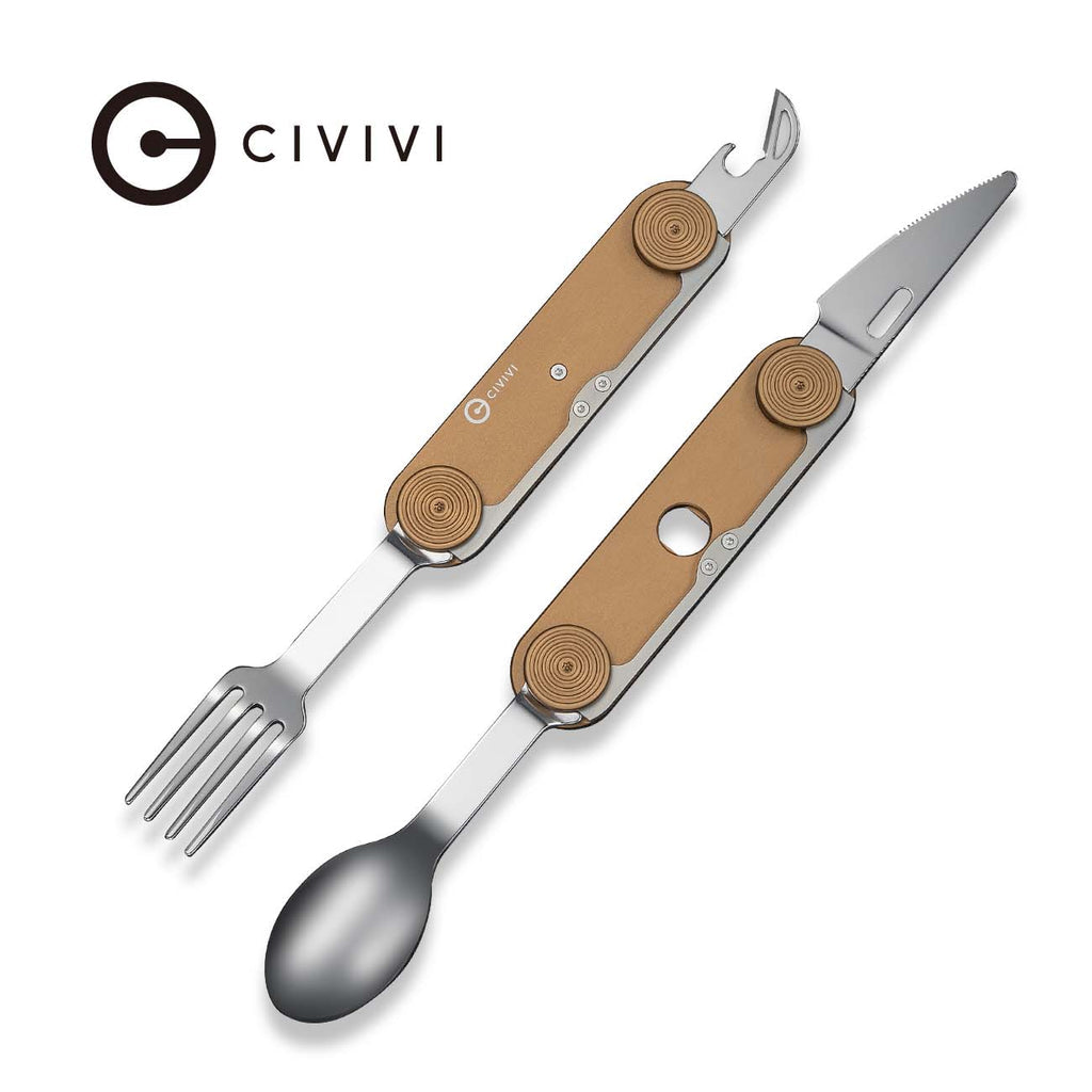 CIVIVI Partake 4-In-1 Multi-Tool Coyote Brown Aluminum Handle Stainless Steel Knife, Fork, Spoon & Can Opener C24032C-2, With A Waxed Canvas Pouch