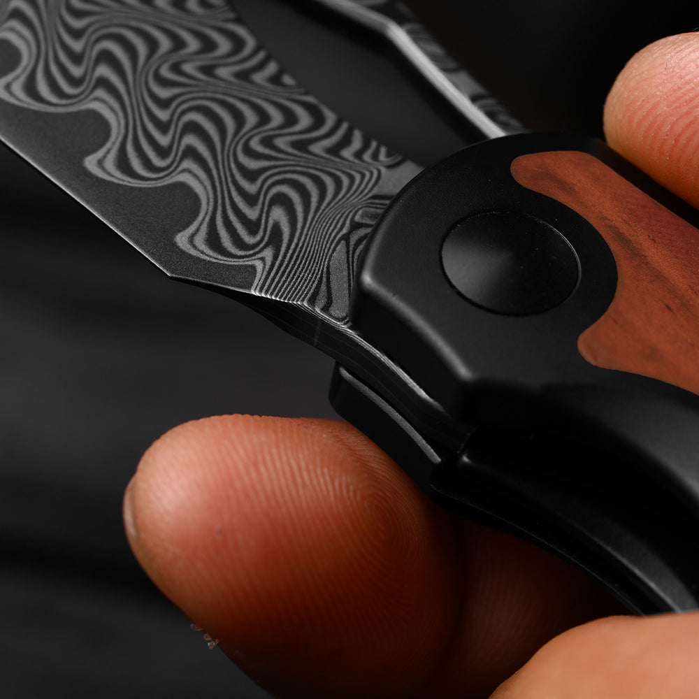 KIZER CUTLERY Allure | Acid Washed Damascus | Titanium & Panama Rosewood