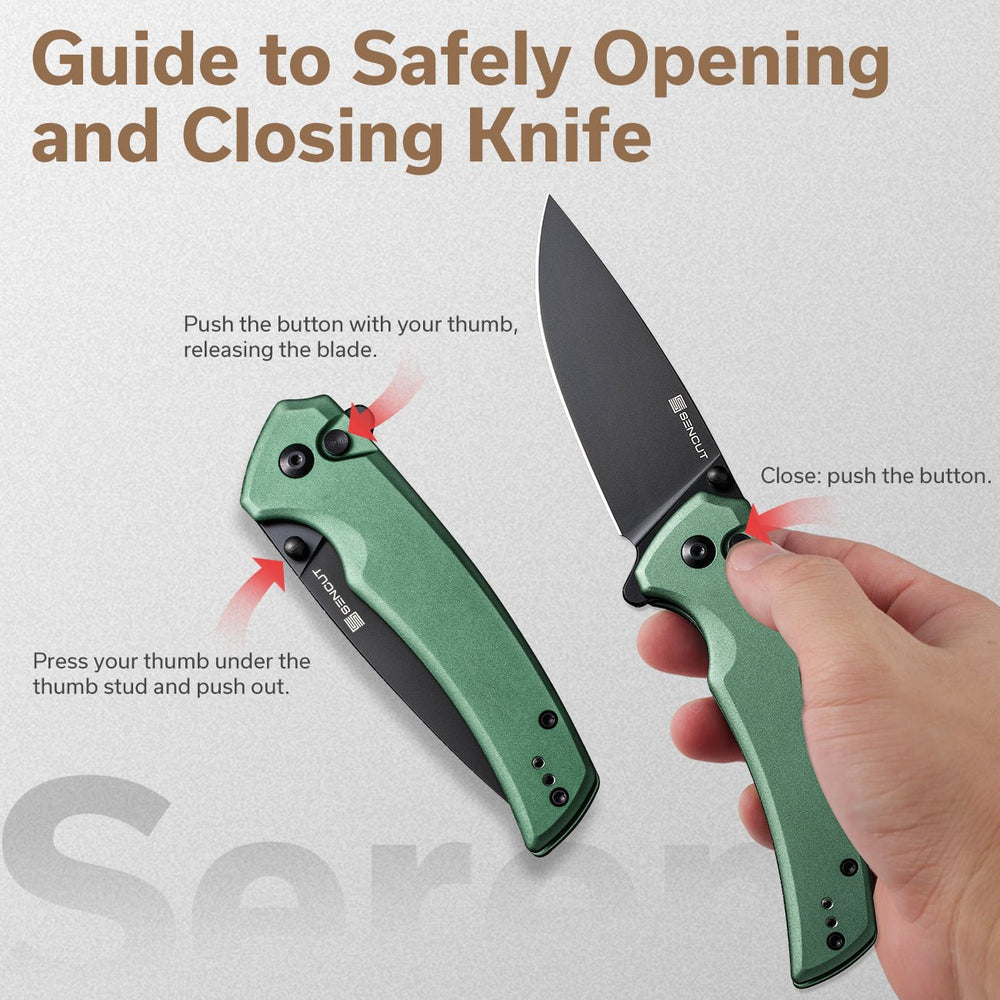 SENCUT Serene Flipper & Button Lock & Thumb Stud Knife Aluminum Handle (3.48" D2 Blade) S21022B-5