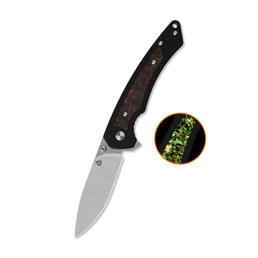 QSP Peregrine Liner Lock Pocket Knife 10Cr15MoV blade Black G10 with Glow-in-the-Dark Orange Shredded CF inlay handle