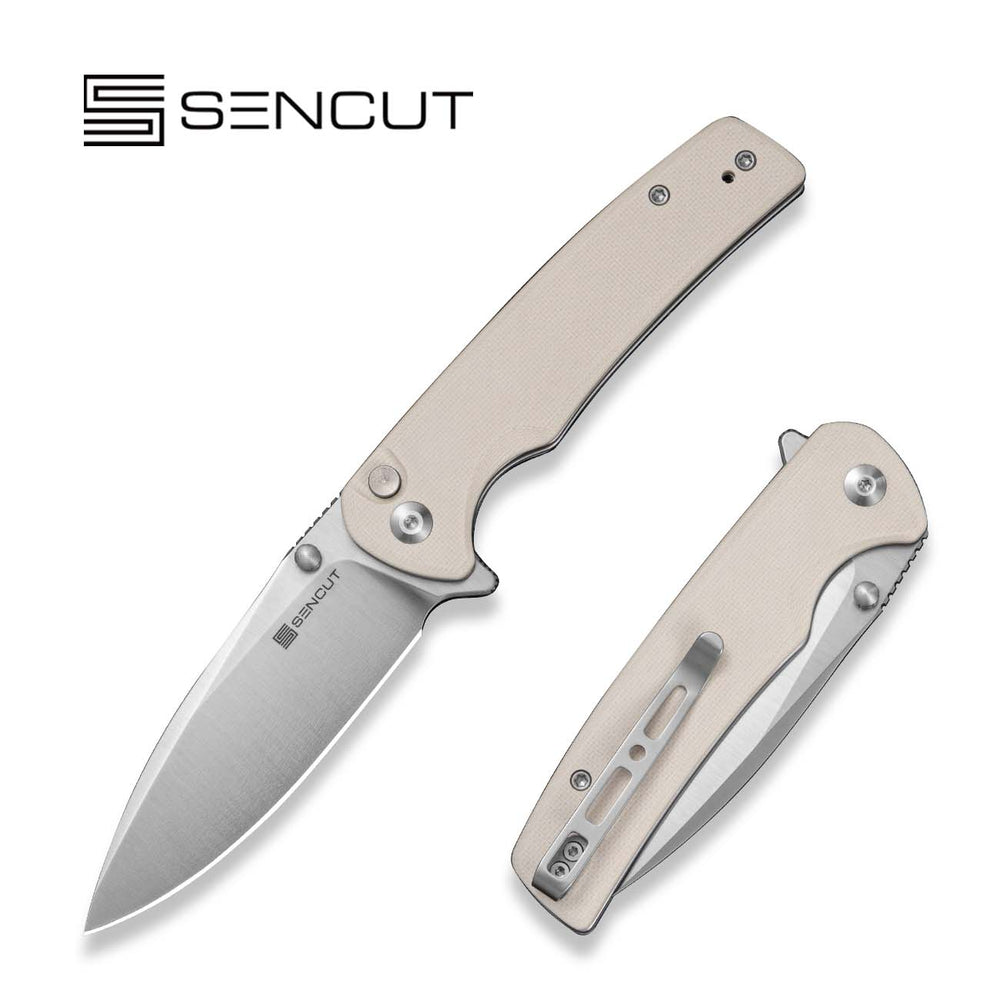 SENCUT Sachse Flipper & Button Lock & Thumb Stud Knife Ivory G10 Handle (3.47" Satin Finished 9Cr18MoV Blade) S21007-7