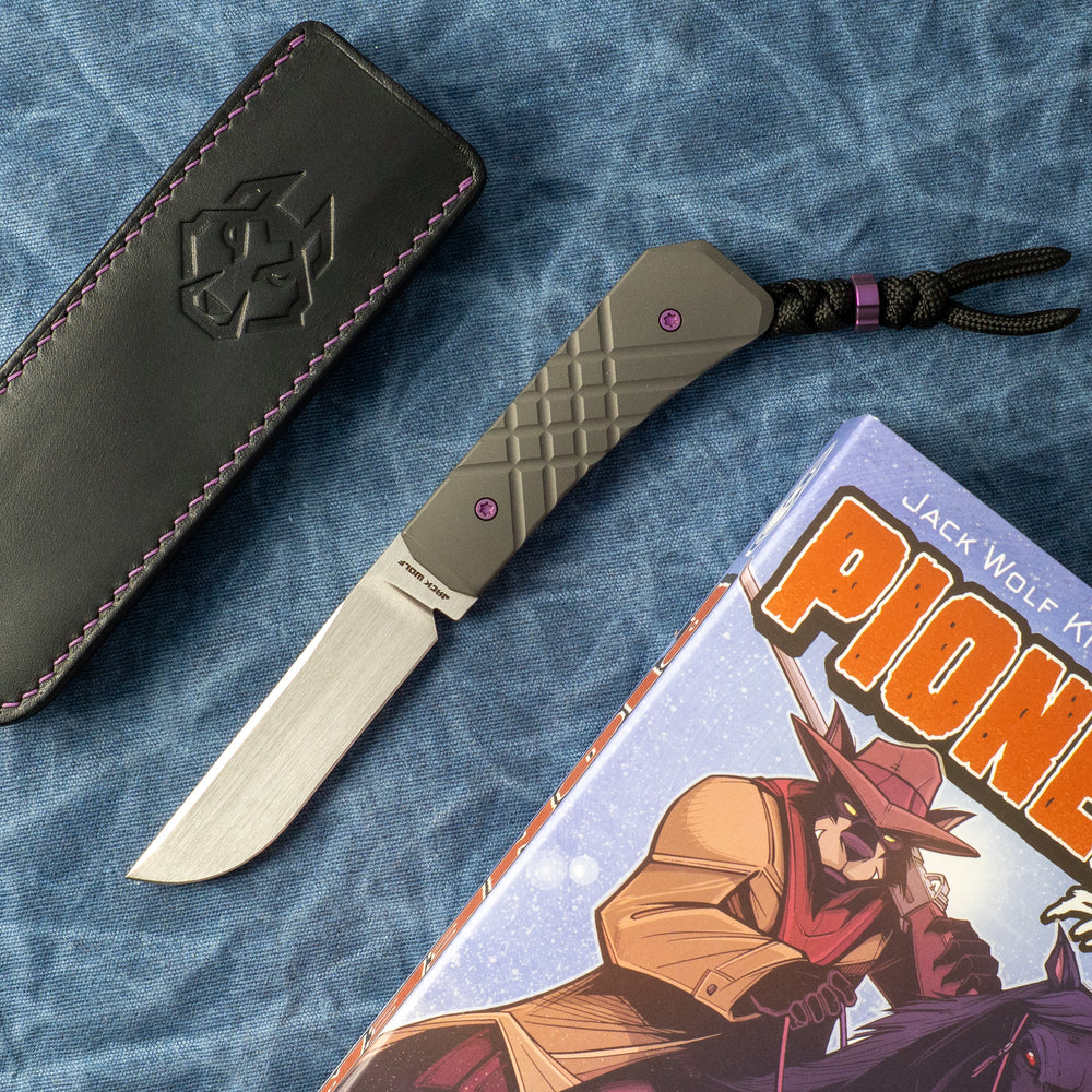 JACK WOLF KNIVES PIONEER FIXEDC - TITANIUM CROSS HATCH 2 HAND SATIN