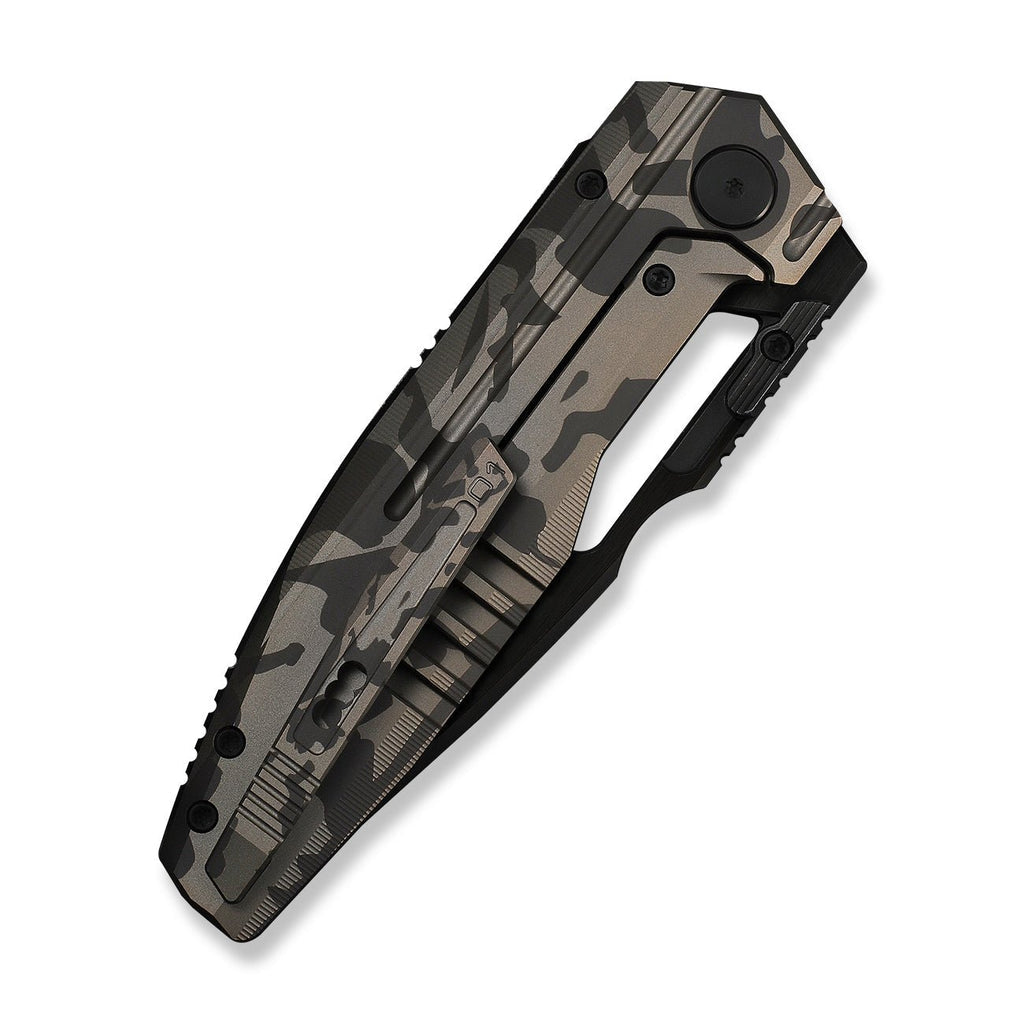 WEKNIFE Reveille Thumb Hole & Thumb Stud Knife Desert Terrain Titanium Handle (3.83" Black Stonewashed Bevels, Black Brushed Flats Bohler M390 Blade) WE23057-3