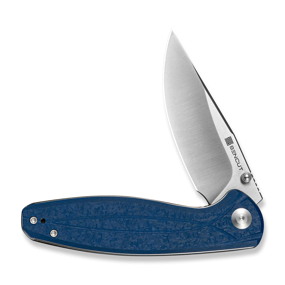 SENCUT Vyrce Flipper & Thumb Stud Knife Blue Shredded G10 Handle (3.49" Satin Finished D2 Blade) S25104-2