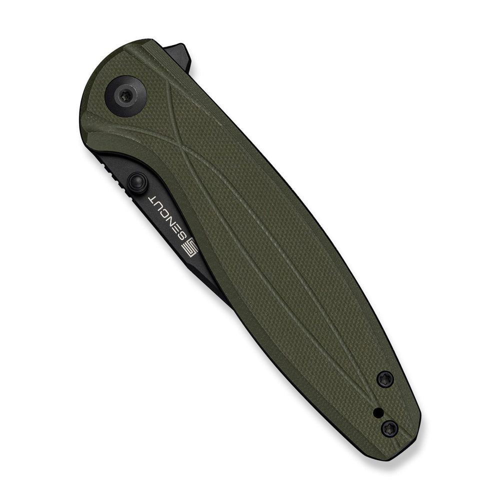 SENCUT Vyrce Flipper & Thumb Stud Knife OD Green G10 Handle (3.49" Black D2 Blade) S25104-1
