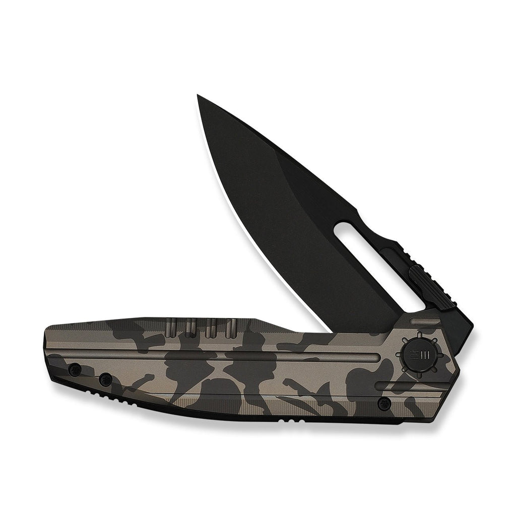 WEKNIFE Reveille Thumb Hole & Thumb Stud Knife Desert Terrain Titanium Handle (3.83" Black Stonewashed Bevels, Black Brushed Flats Bohler M390 Blade) WE23057-3