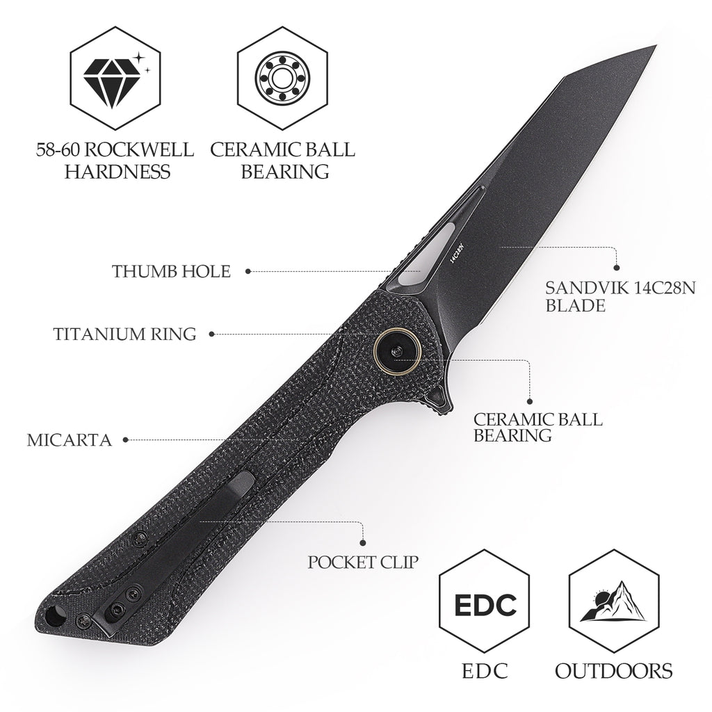 TRIVISA Monoceros-04B Liner Lock Pocket Folding Knfe,3.38" 14C28N Steel Blade,Micarta Handle