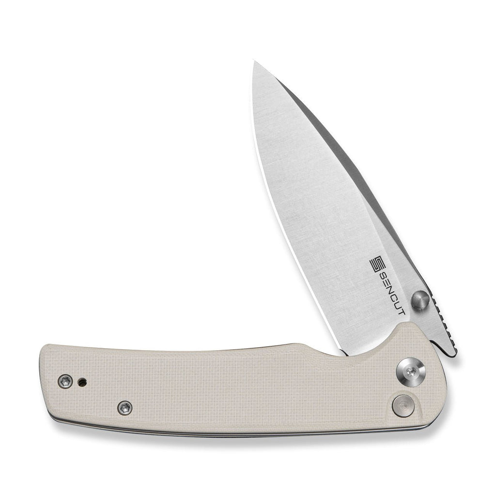 SENCUT Sachse Flipper & Button Lock & Thumb Stud Knife Ivory G10 Handle (3.47" Satin Finished 9Cr18MoV Blade) S21007-7