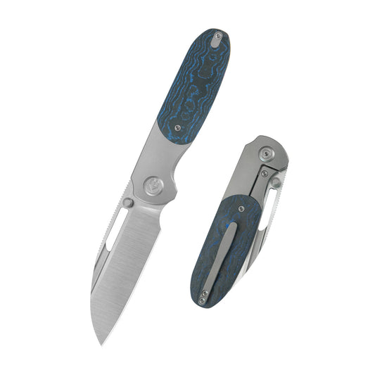 KB Icicle Pocket Folding Knife Frame Lock Sandblast Titanium with Electric Blue Camo Carbon Inlays 3.50" Belt Satin Elmax Blade KB432B