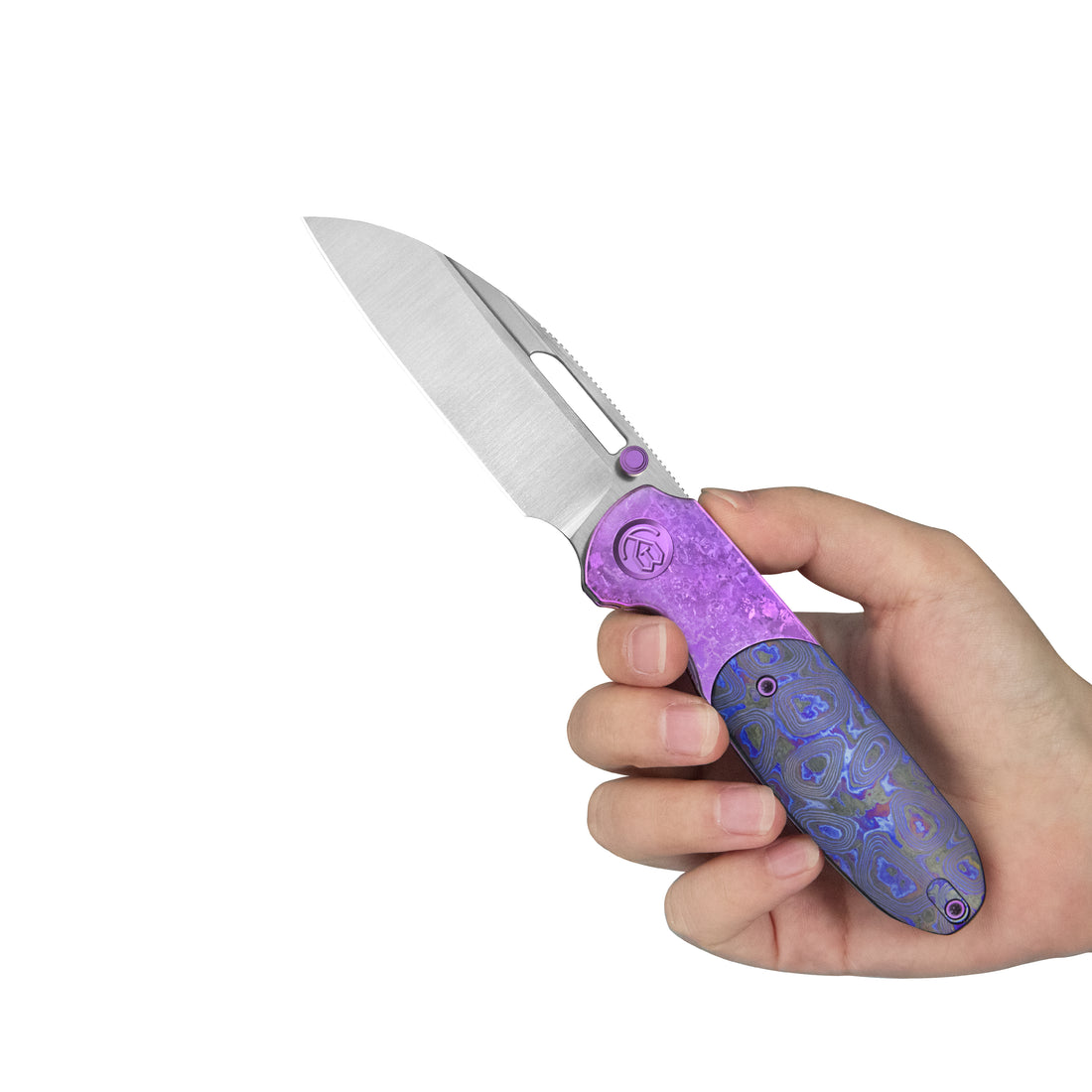KB Icicle Pocket Folding Knife Frame Lock Purple Crystallized Titanium with Zircuti Inlays 3.50" Belt Satin Elmax Blade KB432D
