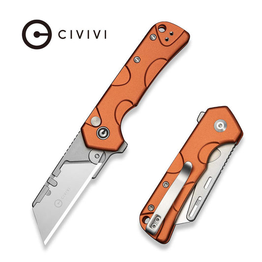 CIVIVI Pulsara Utility Flipper & Button Lock Knife Orange Aluminum Handle (2.44" Stonewashed S/S Blade Holder & Plain 6Cr13 Blade) C24041F-3