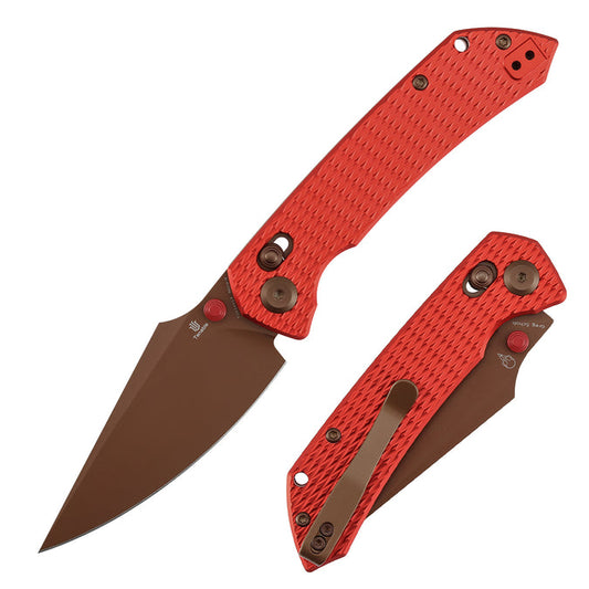 Tenable Fenrir Cross Bar Lock Folding Knife| 3.48'' Rose Gold Nitro V Blade | Red Anodized Aluminum with Diamond Pattern Handle | Sparrow Knife Design| T1034V17