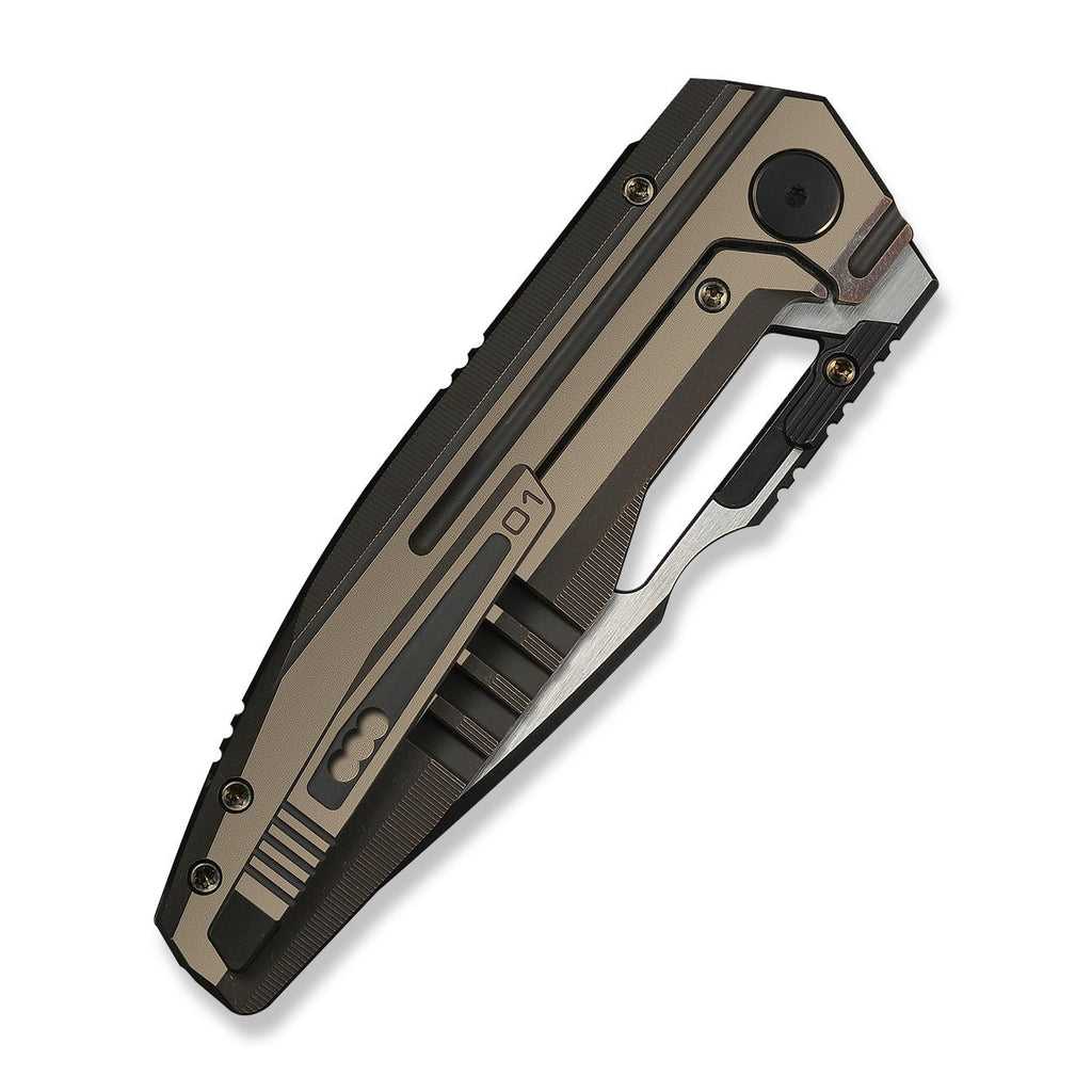 WEKNIFE Reveille Thumb Hole & Thumb Stud Knife Bronze Titanium Handle (3.83" Black Stonewashed Bohler M390 Blade, Satin Flat) WE23057-1