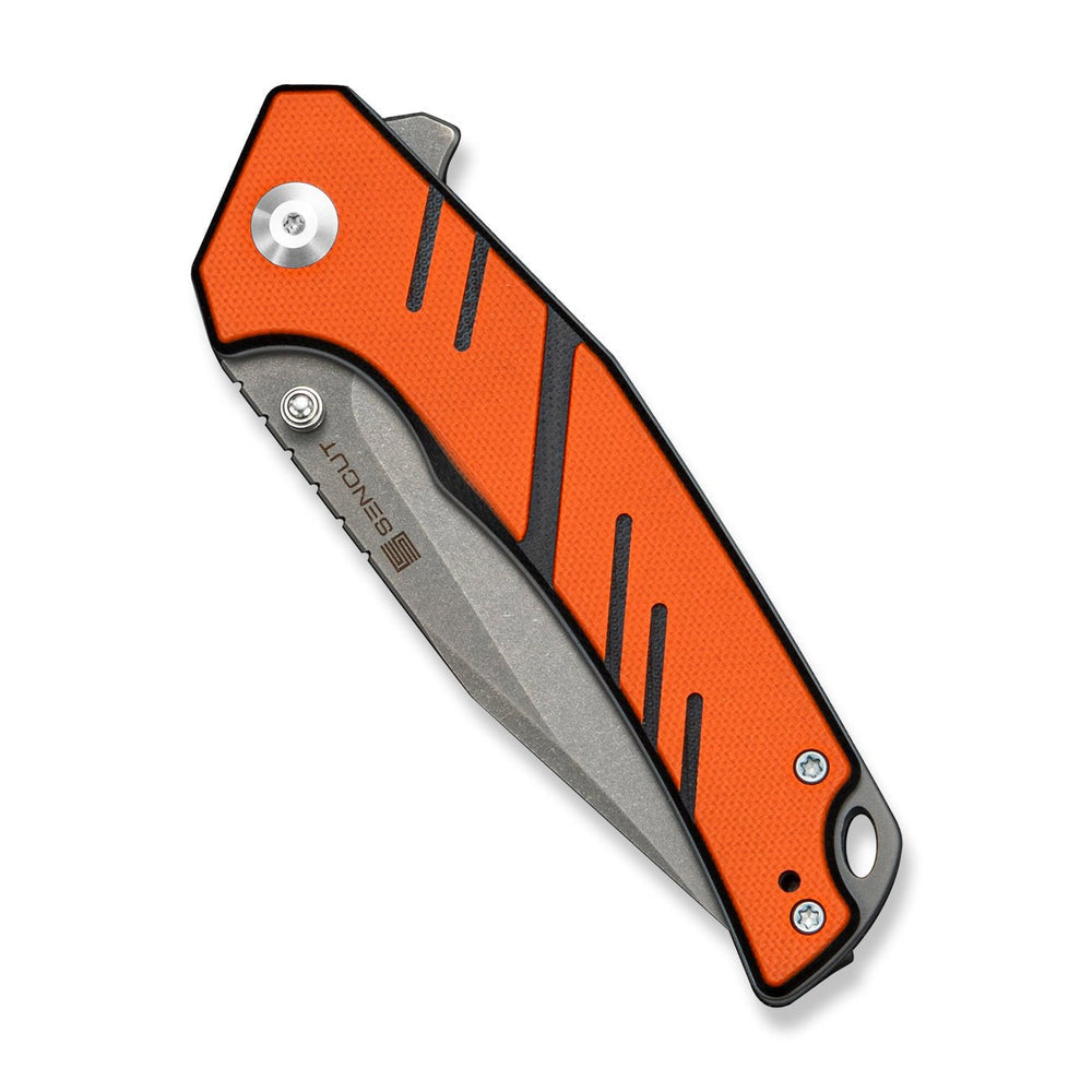 SENCUT Quirk Flipper & Thumb Stud Knife Orange & Black G10 Handle (3.41" Gray Stonewashed D2 Blade) S25099-1