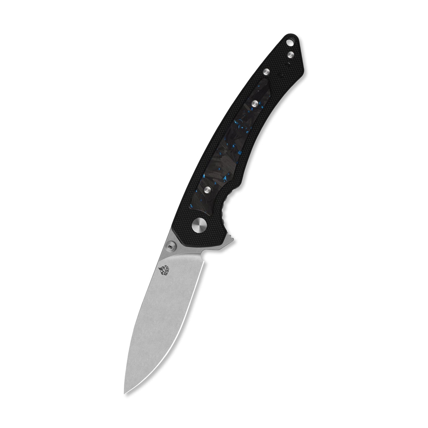 QSP Peregrine Liner Lock Pocket Knife 10Cr15MoV Blade Black G10 with Blue Shredded CF inlay handle