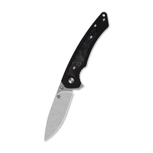 QSP Peregrine Liner Lock Pocket Knife 10Cr15MoV Blade Black G10 with Blue Shredded CF inlay handle