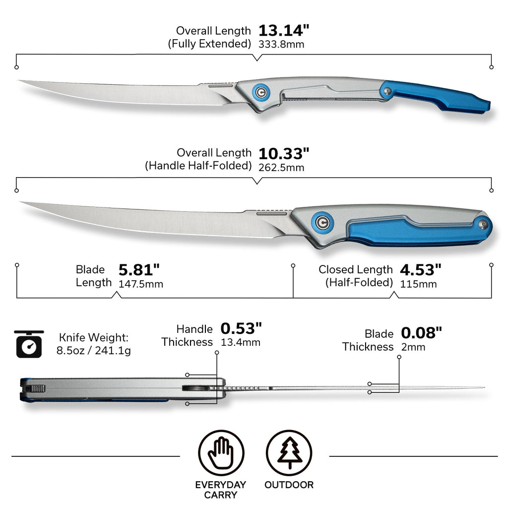 CIVIVI Shawka Folding Fillet Knife Aluminum Handle (5.81" 14C28N Blade) C22029B-2, With 1PC Black Nylon Sheath