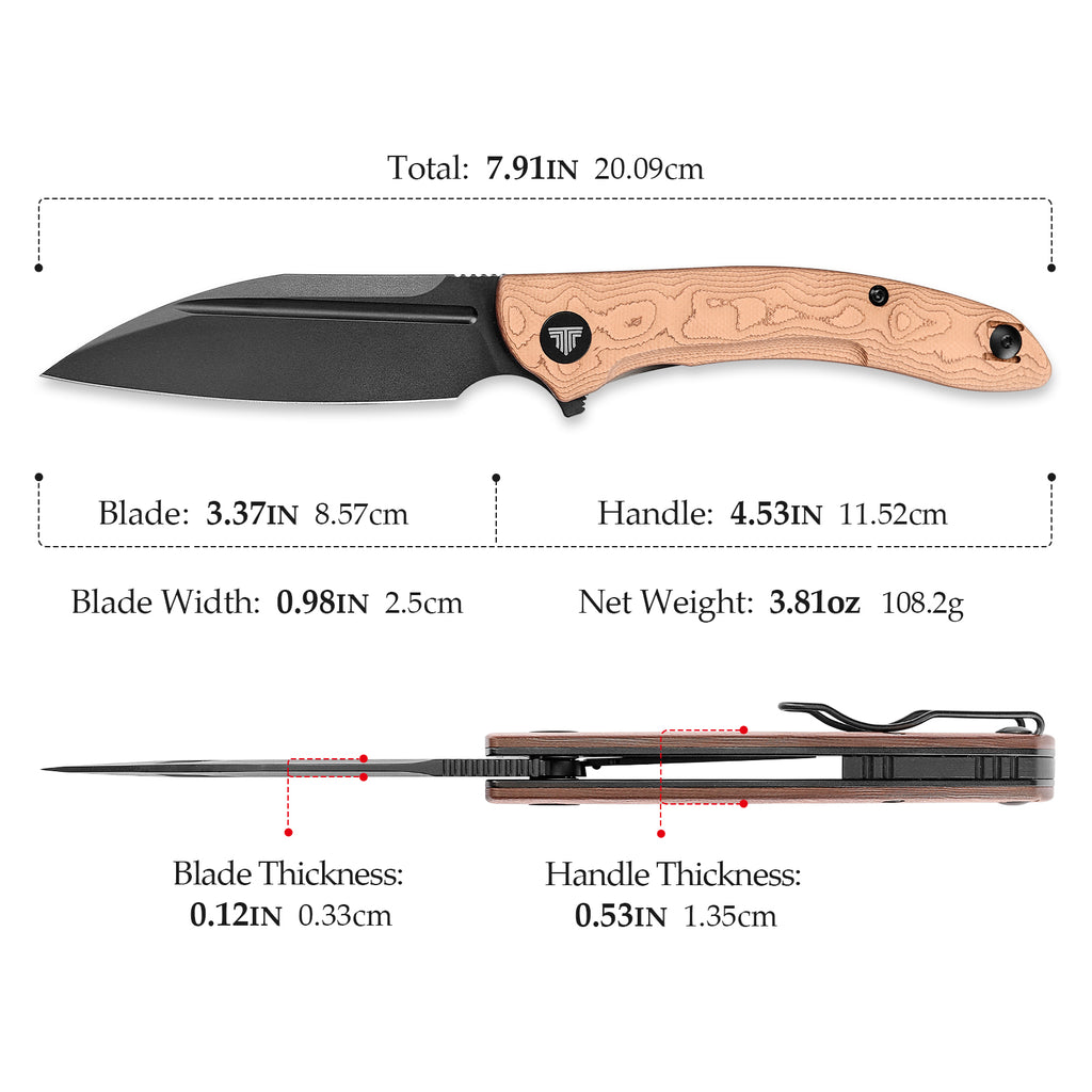 TRIVISA Cuckoo-CU Liner Lock EDC Folding Pocket Knife 3.37'' 14C28N Steel Blade,Copper Foil Handle