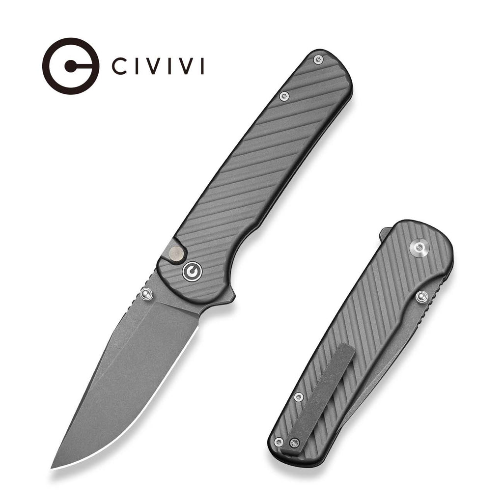CIVIVI Iron Tide Flipper & Thumb Stud & Button Lock Knife Gray Aluminum Handle (3.24" Gray Stonewashed 14C28N Blade) C25011-3